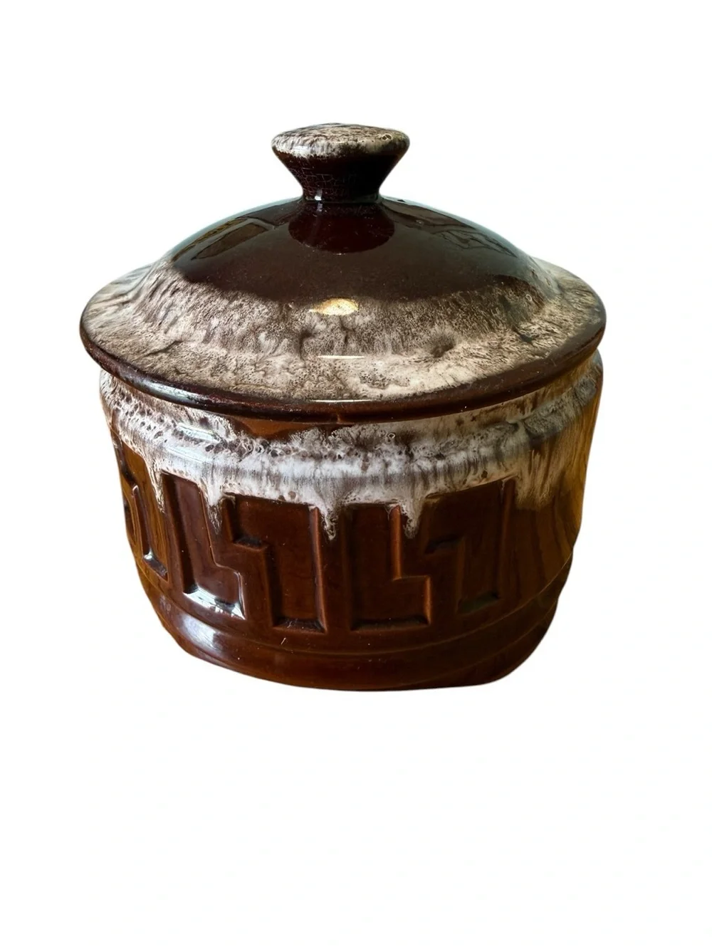 Vtg Brown Drip Covered Soup Bowl/Crock with Lid 5”